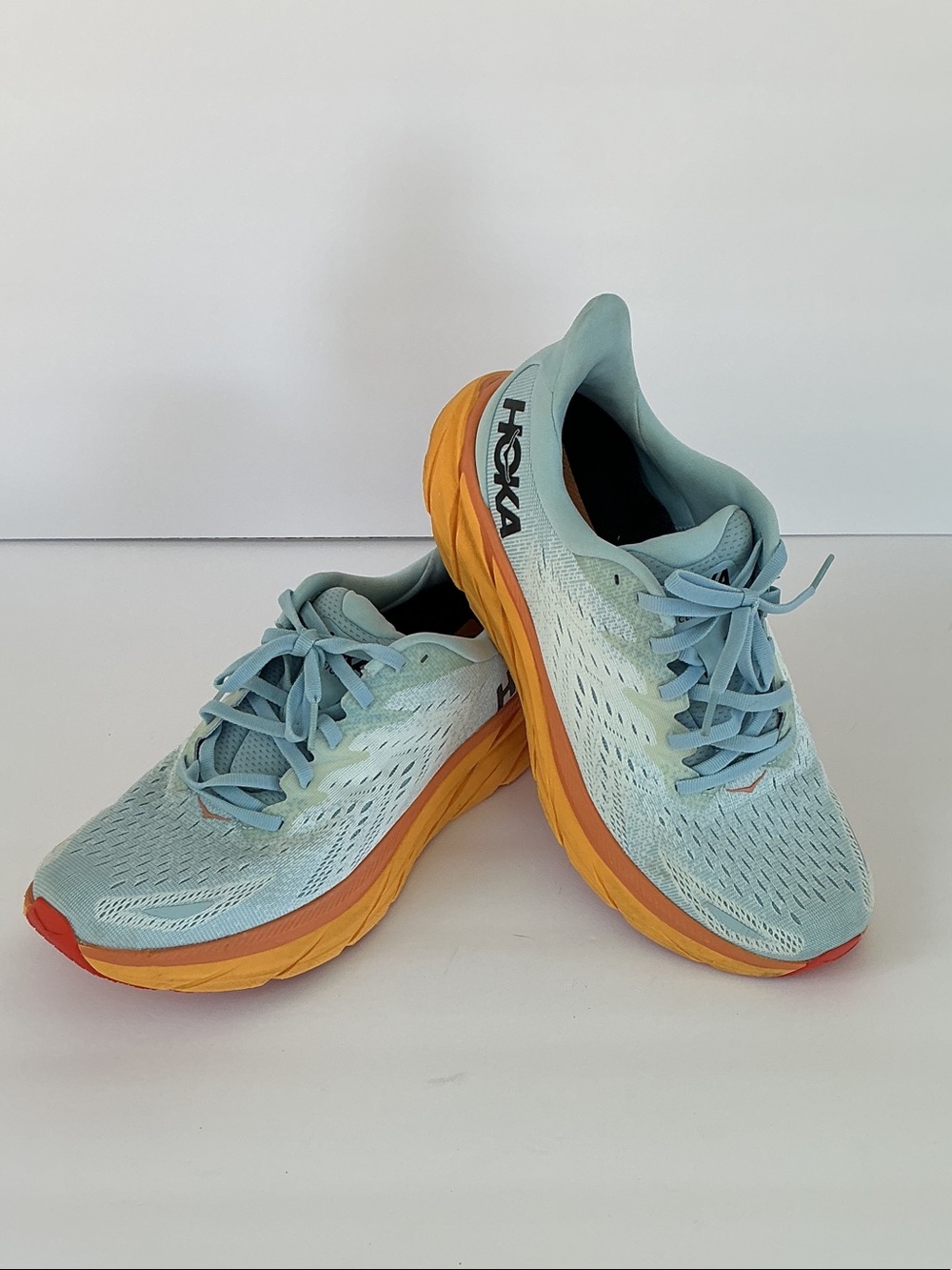 Hoka Clifton 8 Women's Mint Blue Running Shoes with Orange Midsole